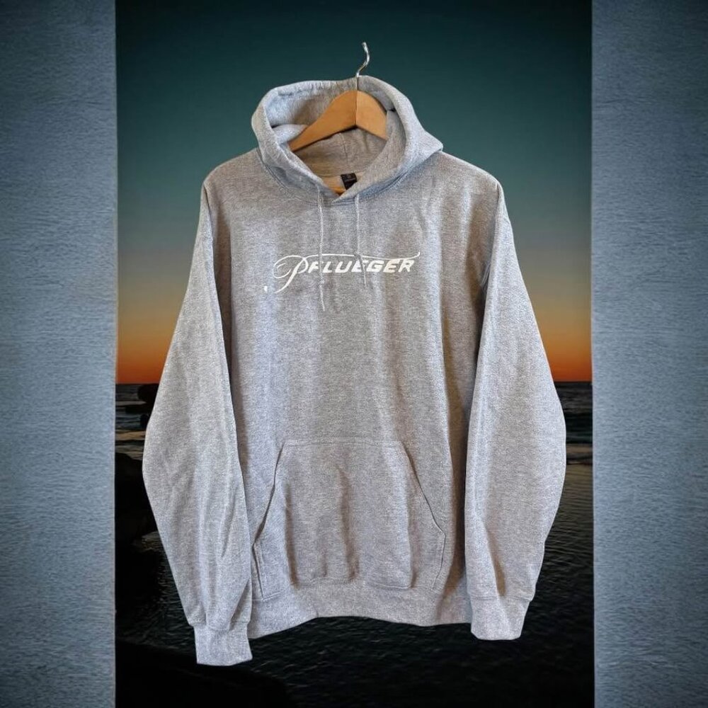 NWOT Men's Gildan Brand Heavy Duty Pfleuger Logo Gray Hooded Sweatshirt-Size M